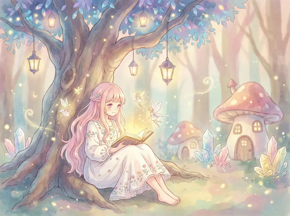 北原夏美快播 - 魔法森林中阅读故事书的粉发少女与精灵